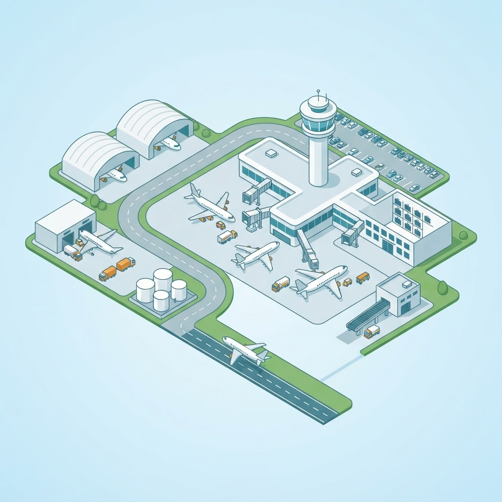 Isometric illustration of an airport with 13 numbered areas to explore